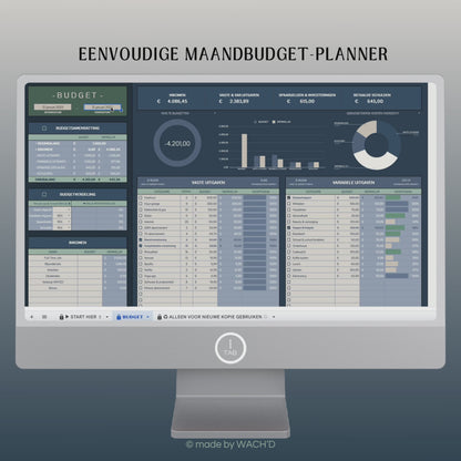 Eenvoudige Budgetplanner (1 tab) | Google Sheets | Blauw & Beige (donkere modus)