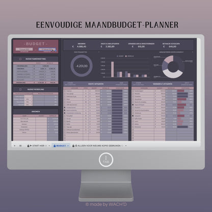 Eenvoudige Budgetplanner (1 tab) | Google Sheets | Paars & Roze (donkere modus)