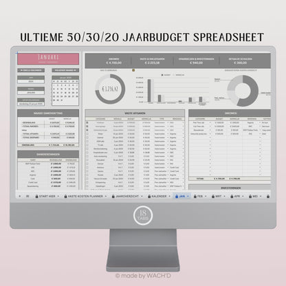 50/30/20 Ultieme Jaarlijkse Budgetplanner | Google Sheets | Grijs & Roze