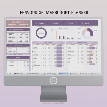 Eenvoudige Jaarlijkse Budgetplanner | Google Sheets | Paars & Roze Taupe